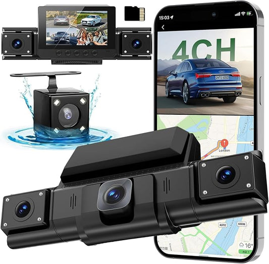 4 Channel Dash Cam,360° All-Around View Front Rear Left Right Inside Car Camera,3" IPS Screen,4-Way Dash Cam with 24H Parking Mode,Built-in GPS,8 IR Night Vision,G-Sensor,Free TF Card Included