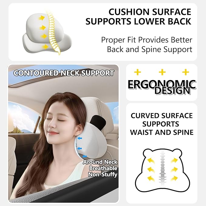 Cute Panda Car Neck Pillow & Lumbar Support Memory Foam Cushion for Driving Adjustable Headrest Waist Pillow for Most Seats (Brown, Headrest 2Pcs)