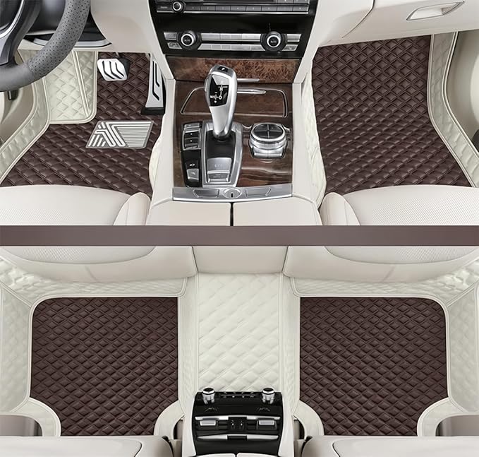Customize Making Car Floor Mats for 99.99% Sedan SUV Pickup Truck Full Coverage Men Women Cute Leather Protection Pads Non-Slip Floor Liners (White+Business Coffee)