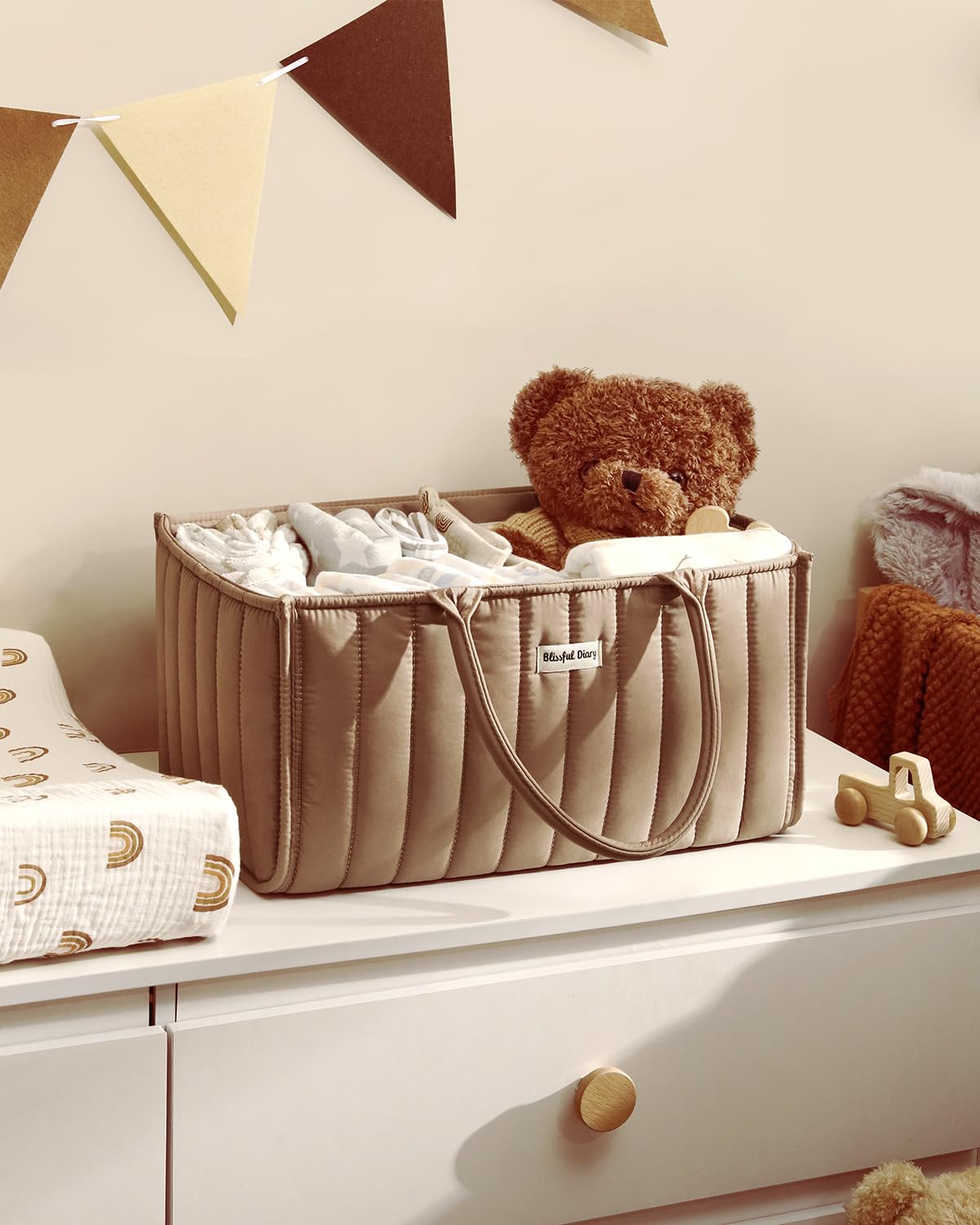 Blissful Diary Baby Diaper Caddy Organizer, Stylish Storage Basket for Newborn Essentials and Diaper Station, Gift for Baby Shower and Registry Must-Have, Mocha Brown