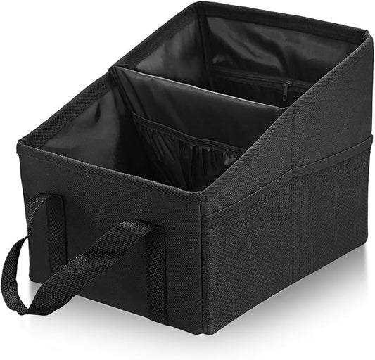 Car Seat Organizer, Collapsible Passenger Seat Organizer with Detachable Divider & Handle, Multiple-Pocket Car Storage Organization for Console Floor Front or Back Seats (Black)