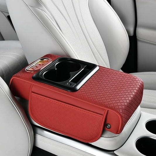 2026 Upgraded Car Center Console Cushion with 30w USB& Type-C Charging Ports, Leather Car Armrest Pad Cover, Interior Accessories for Most Vehicles (Classic Flat Version, Red)