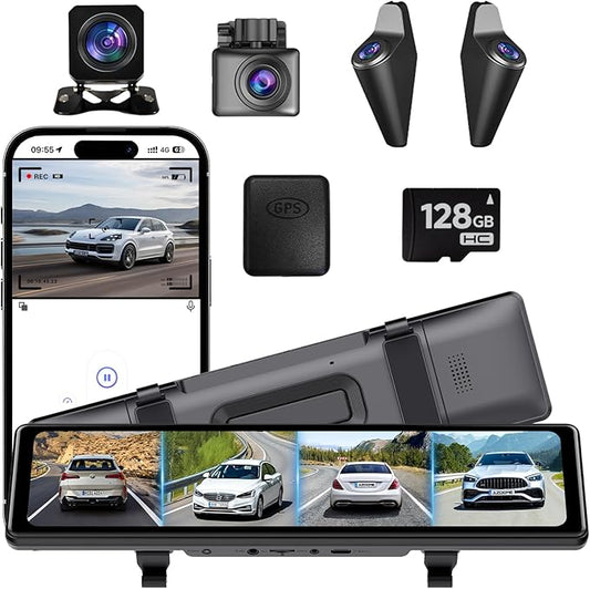 4 Camera System,10" AHD Mirror Rear View Dash Cam, Touch Screen Dash Cam with 128GB Card/Reverse line/WiFi/APP/1080P Night Vision for Car,Pickup,Truck,RV,Bus,SUV,MPV