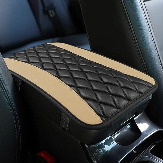 Car Center Console Cushion Pad, Armrest Cover for Car, Leather Waterproof Armrest Seat Box Cover, Auto Accessories Comfortable Arm Rest Box Cushion Pad for Most Vehicles (Beige)