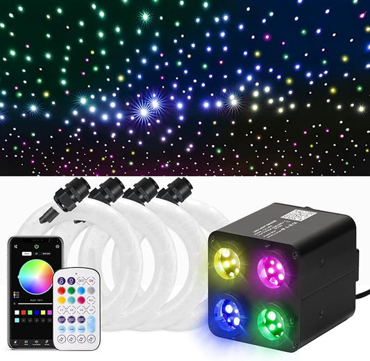 36W 4-Color RGBW Car Starlight Headliner Kit, 800pcs0.03in9.8ft, Twinkle & Sound Activate 4-Port Fiber Optic Light Engine with Bluetooth APP&Remote Control, Star Lights for Car and Home