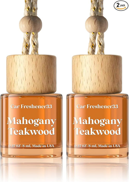 C Classy Hanging Car Air Freshener 2 Pack, Mahogany Teakwood, Brown Glass Bottle Diffuser, Long-Lasting Fragrance, Cute Car Accessories for Women & Men, Made in USA