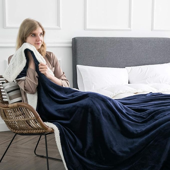 IR Imperial Rooms Sherpa Fleece Throw Blanket Twin Size for Couch - Thick and Warm Fluffy Blankets Winters, Soft and Fuzzy Twin Blanket for Bed and Sofa, Navy, 60x80 Inches
