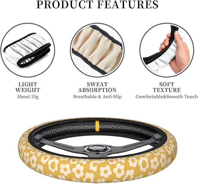 Vintage Groovy Flowers Steering Wheel Cover Universal 15 Inch Cute Car Accessories Protector for Women Men