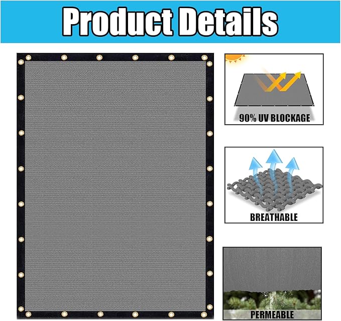 Amagenix 90% Shade Fabric 11'X 20' Gray Sun Shade Cloth with Grommets for Pergola Replacement Shade Cover Canopy, Heavy Duty, Cable Zip Ties Included (We Customized)