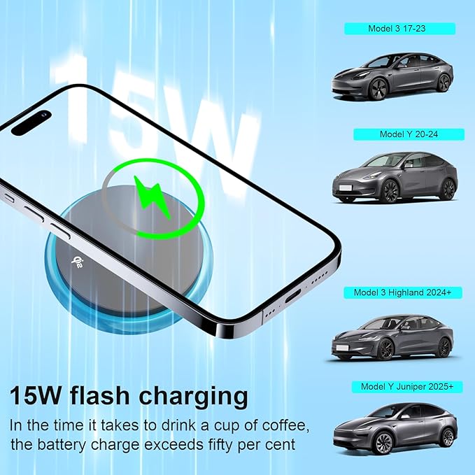 Wireless Car Mount Charger Fast Charging for Tesla Model 3/Y/3 Highland/Y Juniper (Model 3 Highland 2024+, Without OBD Charger)