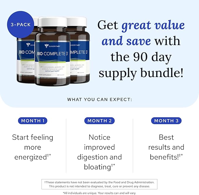 Gundry MD® Bio Complete 3 - Prebiotic, Probiotic, Postbiotic to Support Optimal Gut Health, 30 Day Supply (90 Day Supply)