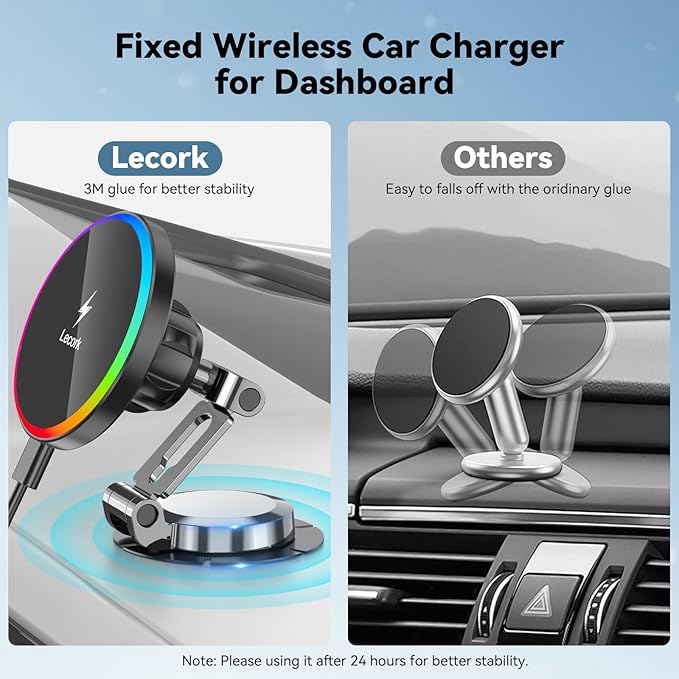 Lecork for Magsafe Car Mount Charger, 15W Magnetic Wireles Car Charger for iPhone 17 pro max 14 15 16 Series, Stick On Dashboard Phone Holder for Samsung S26 Ultra, Zinc Alloy Shell, Black