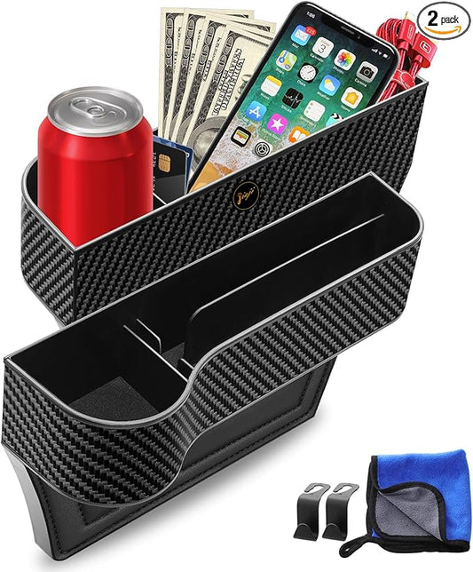 Car Seat Gap Filler, 2 Pack Car Seat Gap Filler Organizer with Cup Holders & 2 Seat Hooks, Car Console Storage Organizer, Car Organizer Front Seat for Storing Phones, Keys, Drinks, Sunglasses