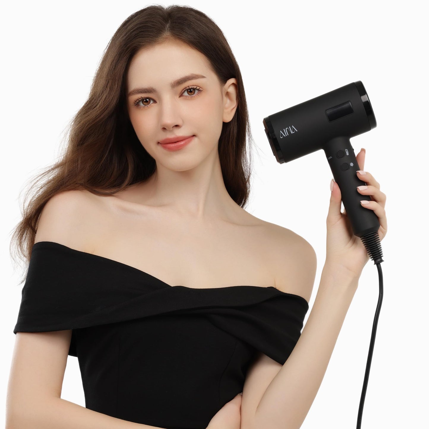 AINA Professional Salon Hair Dryer,2000W Blow Dryer with Diffuser Brush Comb for Women-BLDC Hair Dryer-Brushless Motor 150,000 RPM,Ionic,LED Display,4 Magnetic Attachments 110V/ALCI (Vader Black)