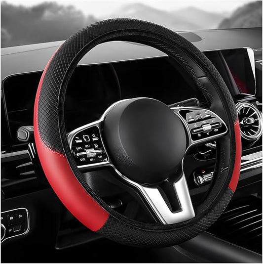 Car Steering Wheel Cover, 15 inch Carbon Fiber Microfiber Leather Elastic Steering Wheel Protector, Breathable Anti-Slip Comfortable Steering Wheel Covers for Most Cars (Black&Red, AD)
