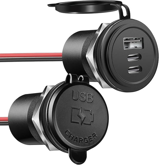 72W 3 Port 12V USB Outlet, Dual PD3.0 Type-C & QC3.0 Aluminum Car Charger, Multi Port USB Power Socket Cigarette Lighter Replacement for RV Camper Truck Boat Golf Cart (2Pcs)