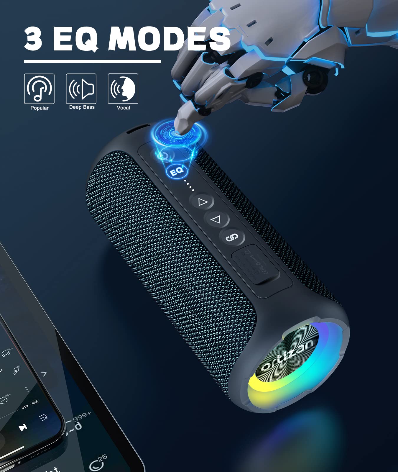 Ortizan Bluetooth Speakers, Portable Wireless Stereo Speaker - IPX7 Waterproof, 40W Loud Sound, Dual Pairing, Deep Bass, LED Light, Bluetooth 5.3, for Home/Shower/Outdoor/Beach, Gifts for Adult, Navy