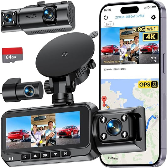 3-Channel Dash Cam 4K for Car: Front, Rear & Inside Dash Camera with 5.8G WiFi & GPS - 24H Parking Mode, 64GB Card for Rideshare Driver