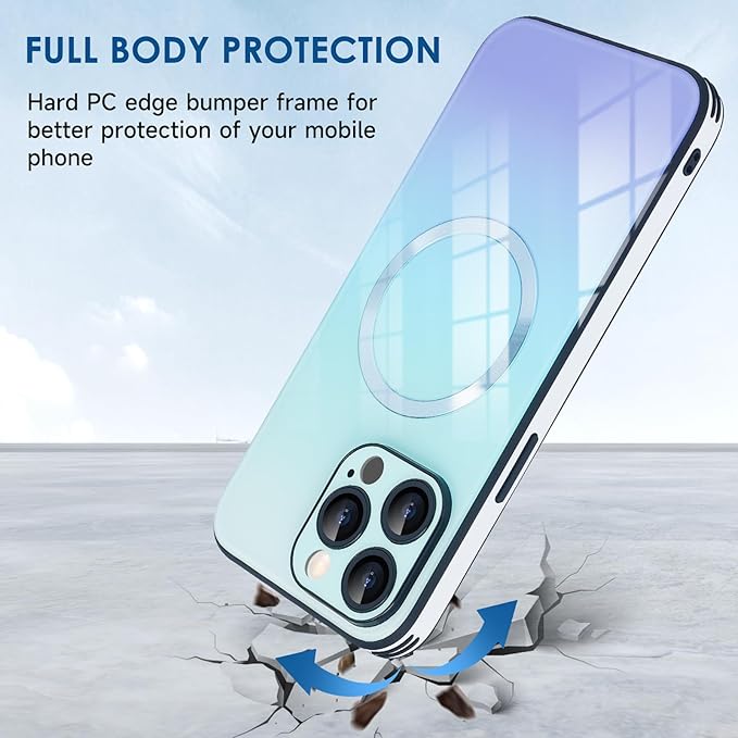 Guppy Compatible with iPhone 16 Pro Case Magnetic, with Full Camera Lens Protector [Compatible with MagSafe] Scratch Resistant Gradient Glass Back Cover Phone Case-Blue