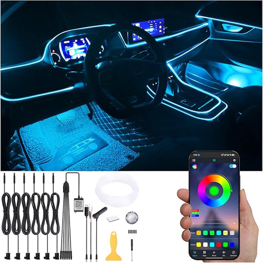 Car Atmosphere Light Kit 8m Fiber Optic RGB Multicolor Sound Active Music Sync Memory Function Bluetooth APP Control 64 Colors USB Car Interior Ambient Lighting Kit DC 12V