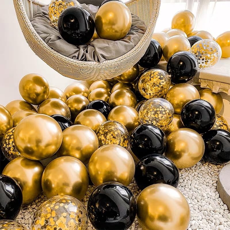Bezente Black Gold Confetti Latex Balloons - 60 Pack 12 inch Helium Black Gold Confetti Balloons for Wedding Graduation Bridal Shower Birthday Party Decorations
