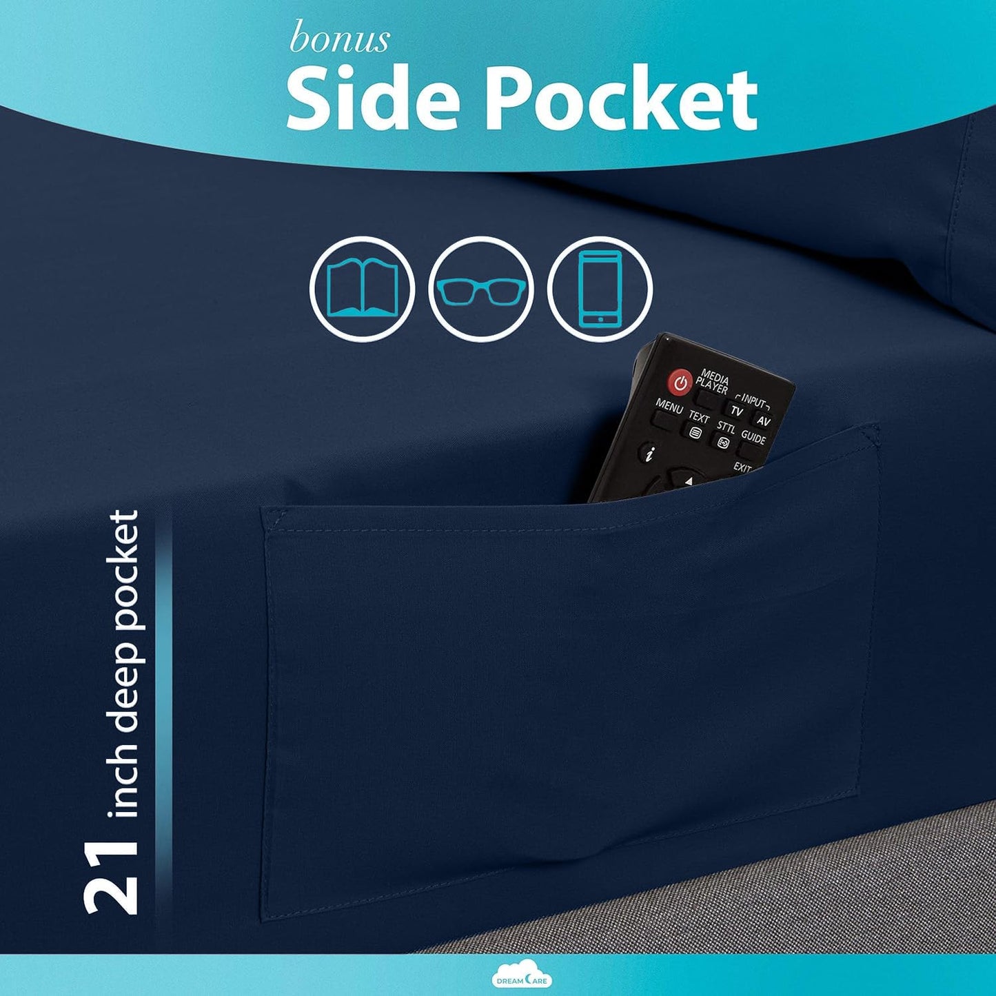 DREAMCARE Queen Fitted Sheet - Extra Deep Pocket Fitted Sheet - Fits up to 21 inch Mattress - Deep Pocket Queen Sheets - Hotel Luxury - Oeko-Tex Certified Sheets - 1 Fitted Sheet Only (Navy Blue