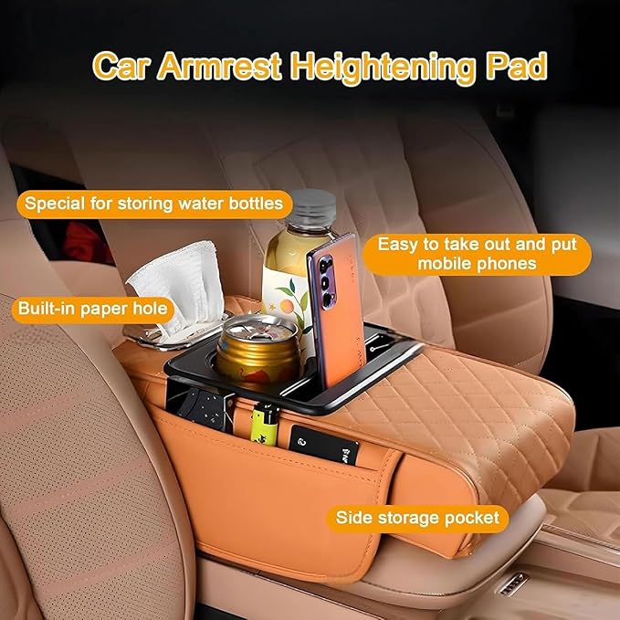 Car Center Console Cover for Hyundai Tucson 2021-2024, Leather Armrest Cushion Protector Pad with Tissue Box Holder Storage Pockets Cup Holder Phone Slot, E/Beige
