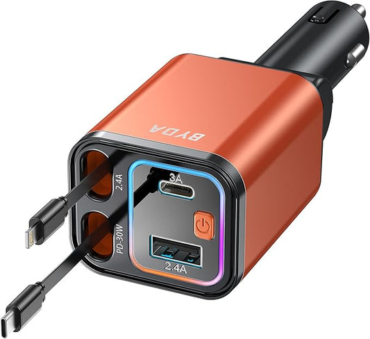 4 in 1 Retractable Car Charger,69W Cigarette Lighter Charger,USB C Fast Car Charger for iPhone 17 Pro Max 16 15 14 13 12 11 (for Apple+Type C &RGB Breathing Light [Orange])