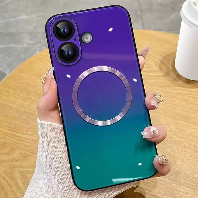 Guppy Compatible with iPhone 16 Plus Case Magnetic, with Full Camera Lens Protector [Compatible with MagSafe] Scratch Resistant Gradient Glass Back Cover Phone Case-Purple