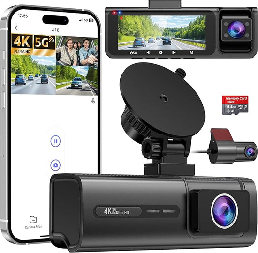 3 Channel 5G WiFi Dash Cam, 4K+1080P+1080P Dash Cam Front and Rear with 64GB Card, Dash Camera for Car with HDR IR Night Vision, G-Sensor, 24/7 Parking Mode, WDR, Support 128GB Max - Gray