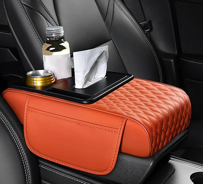 Car Armrest Center Console Cover for Toyota Prius (XW20) 2.Gen 2003 2004 2005 2006 2007 2008 2009 2010, Center Console Pad with Cup Holder, Multifunctional Armrest Cushion,F Orange