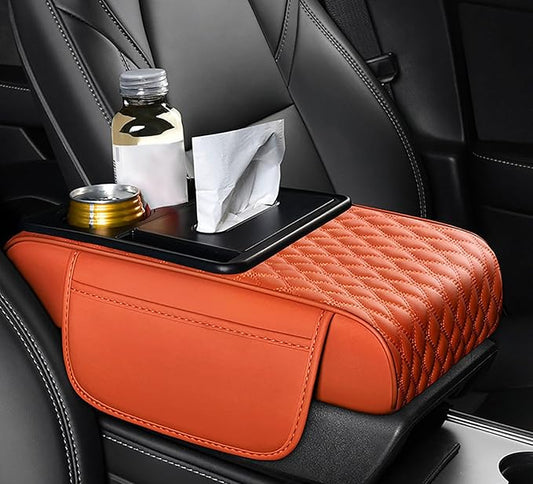 Car Armrest Center Console Cover for Subaru XV/Subaru Crosstrek (GP) 1.Gen 2012 2013 2014 2015 2016 2017, Center Console Pad with Cup Holder, Multifunctional Armrest Cushion,F Orange