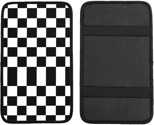 Car Armrest Cover Auto Center Console Pad Arm Rest Cushion Soft Car Accessories Universal for Most Vehicle (Checkerboard-Black & White Pattern Design)