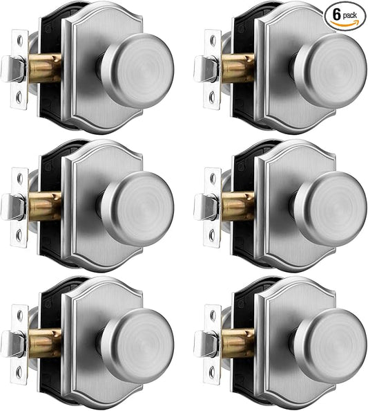 6 Pack Pismo Doorknobs with Lock for Hall, Brushed Nickel Interior Door Knobs with Camelot Trim, Heavy Duty Door Handle