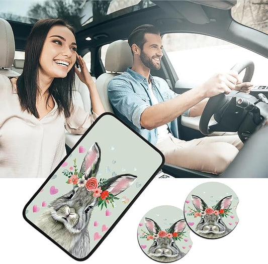 Car Armrest Cover Pads Universal Fashion Cute Auto Center Console Armrest Cover Pad with 2PCS Car Coasters Soft Waterproof Car Armrest Seat Protector for Women, Cute Gray Rabbit