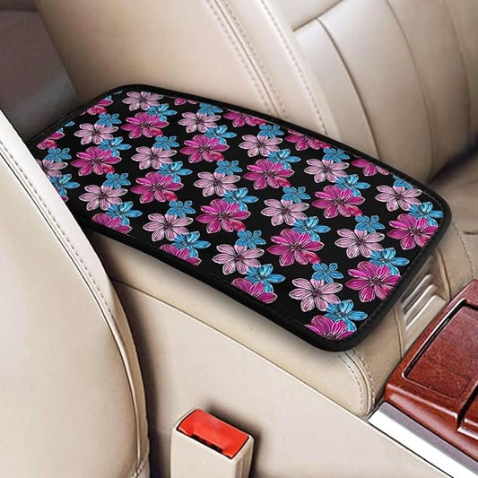 Car Center Console Cover Hibiscus Armrest Cushion Scratch Resistant and Waterproof Arm Rest Pads Flower Tropical Cars Decor Accessories, Purple Pink