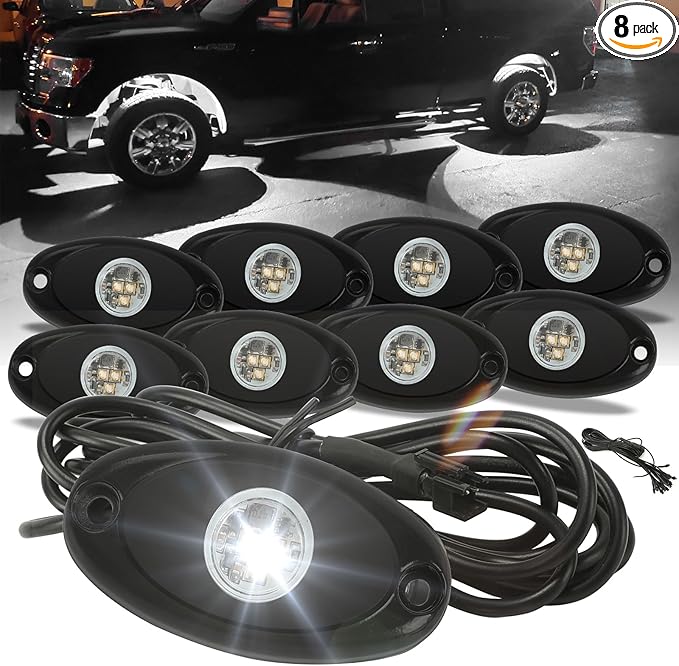 SUNPIE 8 Pods White Rock Lights – Quick Connect, 3 High Power Chips, 4M Extension Wires, Mounting Pads Included, 6000K Pure White, IP67 Waterproof, Fits Trucks, SUV, ATV, UTV, Trailer