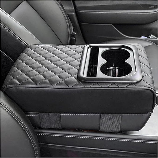 Car Center Console Armrest Pillow, 14"×8.3" Memory Foam Auto Armrest Box Cover with Cup Holder & Phone Holder, Waterproof Leather Arm Rest Protector Cushion, Car Accessories (Diamond Pattern)