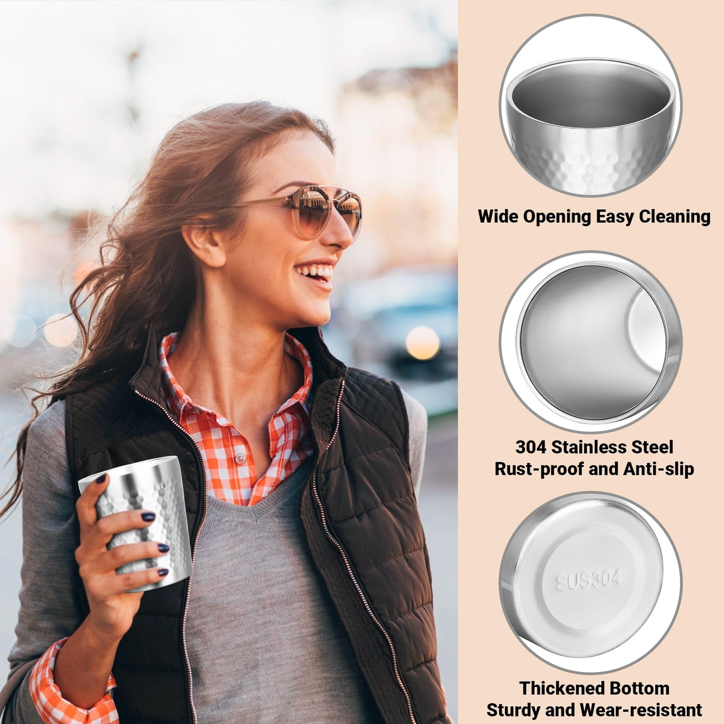 Offiper Stainless Steel Cups Double Wall, 10 oz Insulated Tumbler, 4 Pack Unbreakable Stackable Water Tumblers Vacuum Insulated Metal Cup Premium Drinking Glasses for Travel Camping Home Outdoor