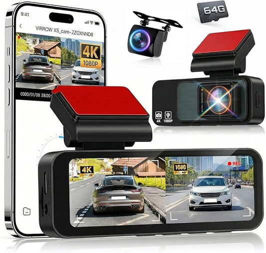 4K Dash Cam Front and Rear, NHOPEEW 3.16" Screen Dual Dash Camera for Cars with WiFi & GPS, Night Vision, 170°Wide Angle Car Dashboard Cam, G-Sensor, Loop Recording, 64GB Card Included