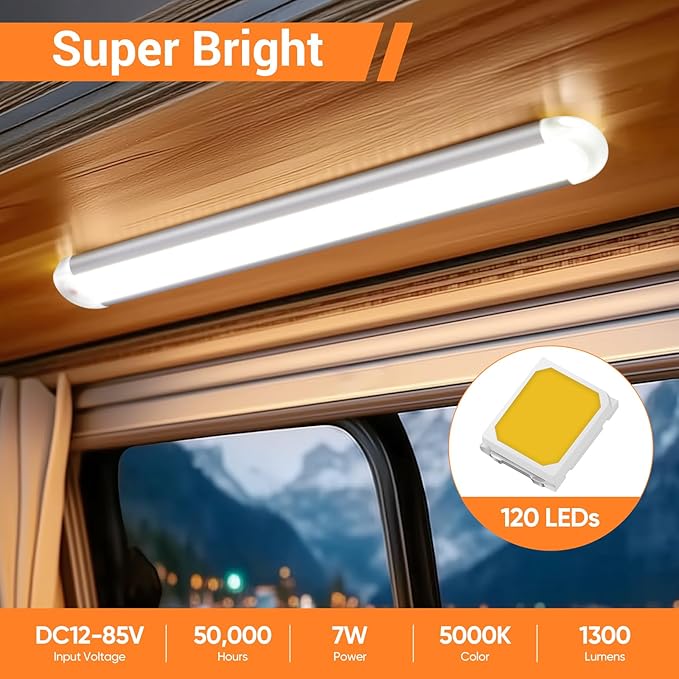 CT CAPETRONIX 12v Led Light Bar Strip, 120LEDs 1300LM 7W DC 12 Volt Led Strip Lights Fixtures with Switch, Enclosed Trailer Lights for RV Interior, Van, Truck Lorry, Camper, Boat, Caravan (2Pcs)