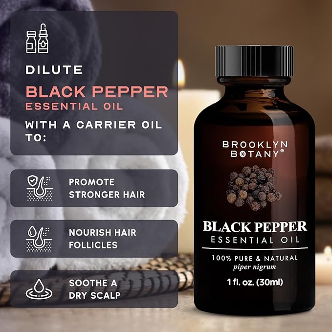 Brooklyn Botany Black Pepper Essential Oil - 100% Pure and Natural - Premium Grade Oil with Dropper - for Aromatherapy and Diffuser - 1 Fl Oz