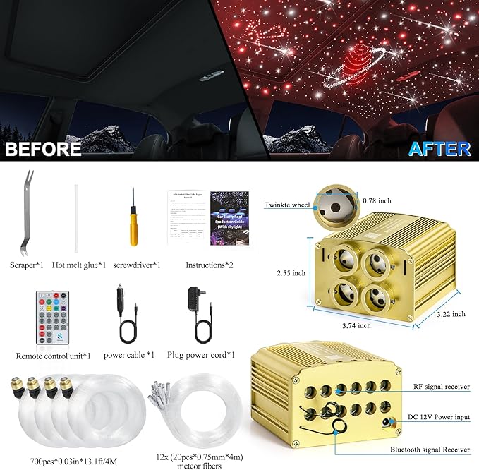 Car Starlight Headliner Kit, 4 Colors 32W Twinkle & Meteor Fiber Optic Shooting Stars Lights, 2 in 1 Light Engine 700pcs*0.03in*13.1ft+240 RGBW 4 Port Ceiling Starlights for Car Home Roof Décor