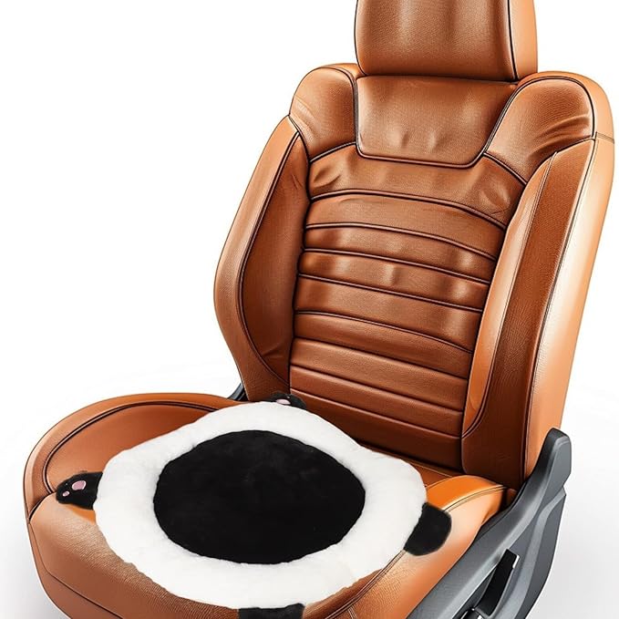Cute Panda Car Seat Cushion with Lumbar Support, Rabbit Fur Round Pad, Black Auto Seat Pillow for Adults, Comfortable Cushion for Extended Trips and Travel