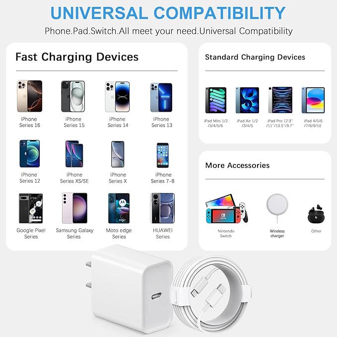 iPhone 17 16 15 Charger Fast Charging 3+3Pack Type C Charger USB C Chargers Block with 6FT Cable for iPhone Air/17/17 Plus/17 Pro/17 Pro Max/16/16 Plus/16 Pro/16 Pro Max/15/15 Pro Max/iPad Pro