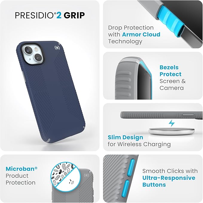 Speck iPhone 15 Plus Case - Presidio2 Grip Blue/Grey - 6.7 inch