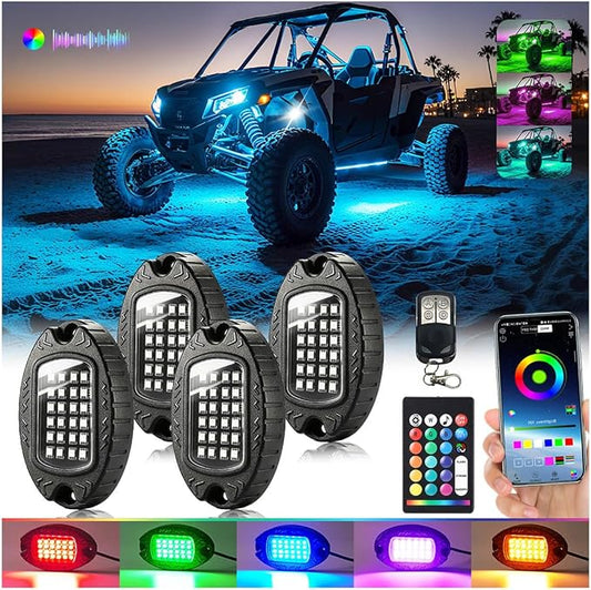 4Pods Aluminum RGB LED Rock Lights for ATV UTV 4 Wheeler Can-Am SXS RZR Side by Side Offroad Golf Cart with APP/RF Remote Control, Waterproof Multicolor Metal Alloy Case Segmented Underglow Light 12V