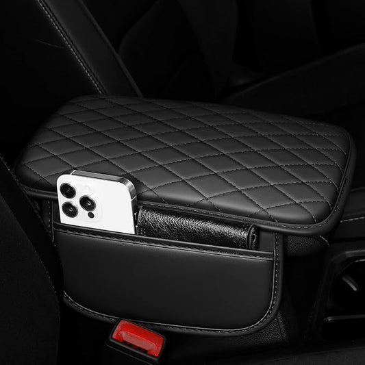 Center Console Cover Fit for Kia Sportage 2005-2025 with 2 Storage Bags Waterproof Leather Quilted Pattern Car Armrest Cover Cushion Anti - Slip(Black)