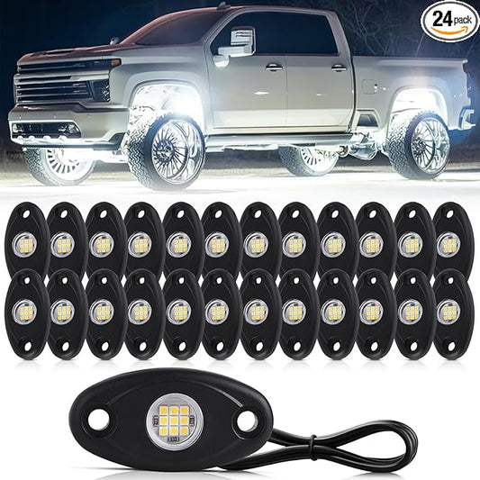 24 Pods White Led Rock Lights，Automotive General Under Body Neon Glow Led Pure Light Kit Ip68 Waterproof 3.8ft Extension Wires for Car Truck Boat Rv ATV Utv SUV RZR Motorcycle Trail Rig Lamp（White）