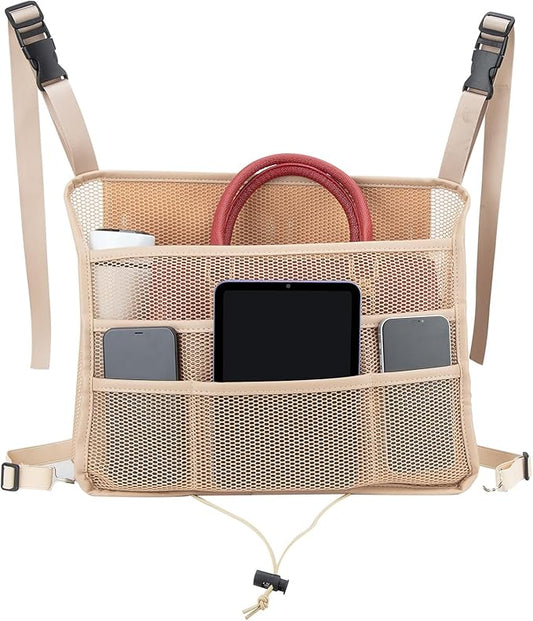 Car Seat Back Organizer, Net Purse Hangbag Holder for Car, Auto Driver Or Passenger Accessories Organizer, Vehicle Console Caddy, Personal Travel Storage Bag for Pet Kids Adults, Pu Leather Beige